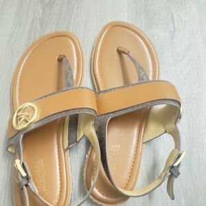 Michael Kors Brown Leather Thong Sandals with Gold MK Accent